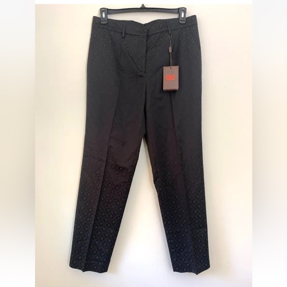 ETRO Black Straight Dress Pants Textured Damask Floral Size 48 NWT